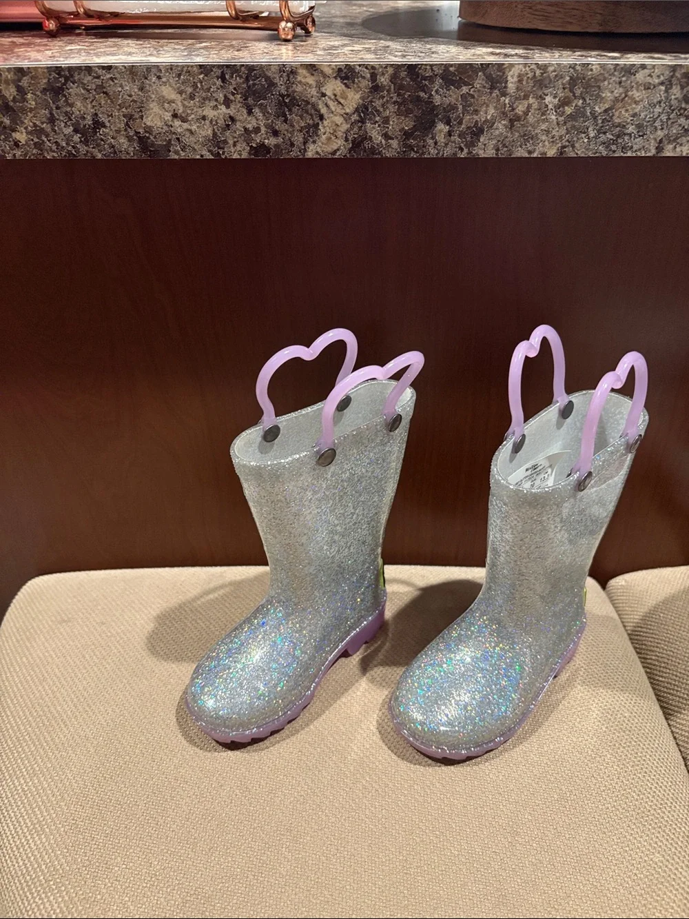 Western Chief Silver Glitter Kids Rain Boots with Lilac Handles